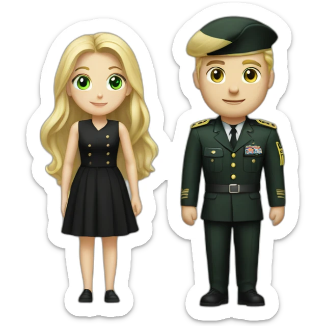 Military blond guy and blond long hair girl with green eyes in black dress sticker