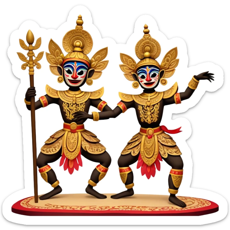 ​Cinematic Realistic Wayang Golek Ayun-ayun Dancers, depicted as intricately carved traditional wooden puppets in dynamic dance poses, adorned with vibrant painted details and expressive features, set against a softly lit stage that evokes centuries of Indonesian cultural heritage, rendered with lifelike textures and dramatic atmospheric lighting, sticker