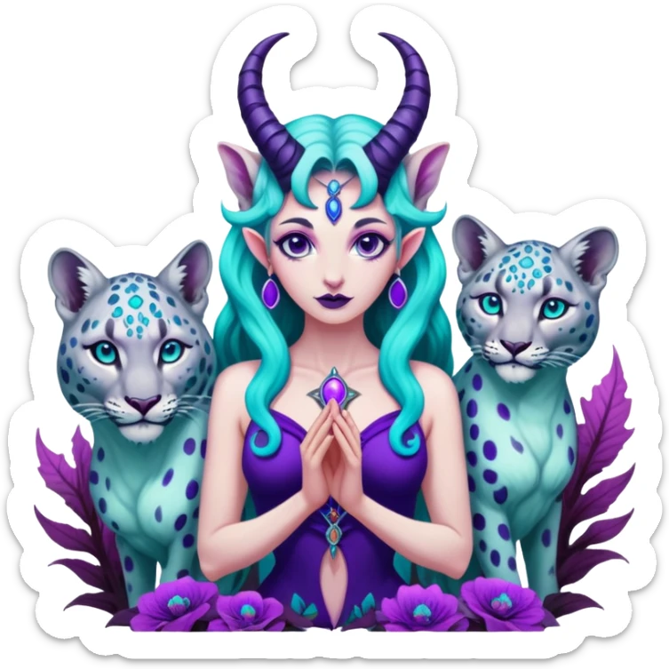 Feminine Baphomet standing among trippy purple and teal mushrooms.. she’s petting a snow leopard  sticker