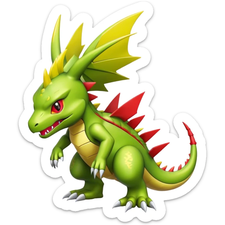 Cool cute shiny futuristic Guilmon-Flygon-Tyranitar-Digimon-hybrid-fusion, yellow belly, full body sticker