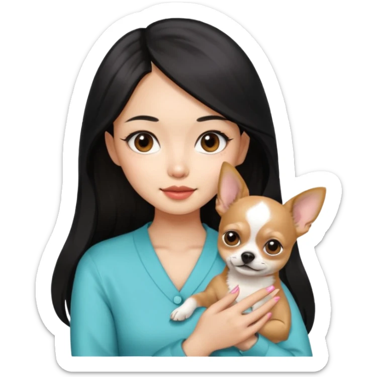 a pretty Asian girl with manicure holding a chihuahua in her, with the face of nonchalance sticker