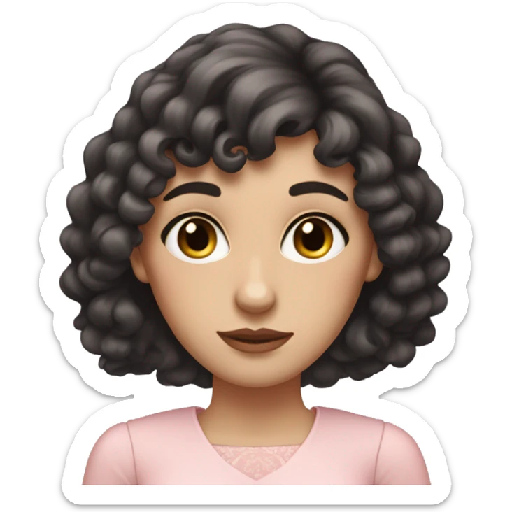 White woman with long black curly hair and bangs and dark brown eyes, wearing a pastel pink dress sticker