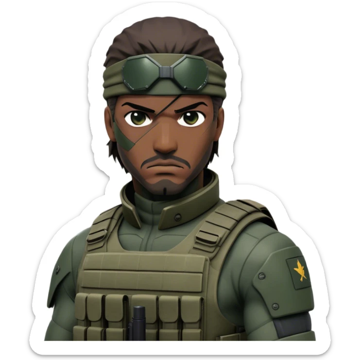 Cinematic Realistic Metal Gear Solid Snake Soldier Portrait, depicted with steely determination and tactical precision. Clad in intricately detailed combat attire in consistent muted greens, browns, and blacks, his rugged, weathered features and piercing eyes exude relentless resolve. Rendered with lifelike texture and dramatic, natural lighting, high shine, noble and stealthy, capturing the essence of a legendary soldier operating in the shadows. sticker