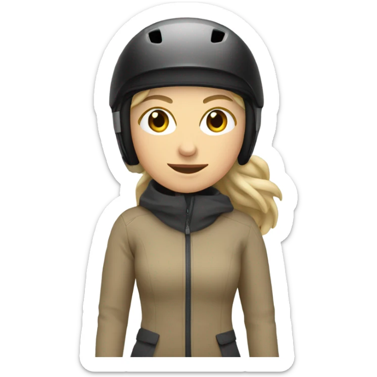 white WOMAN skiing wearing an TAN JACKET and a GREY HELMET and wearing BLACK PANTS sticker