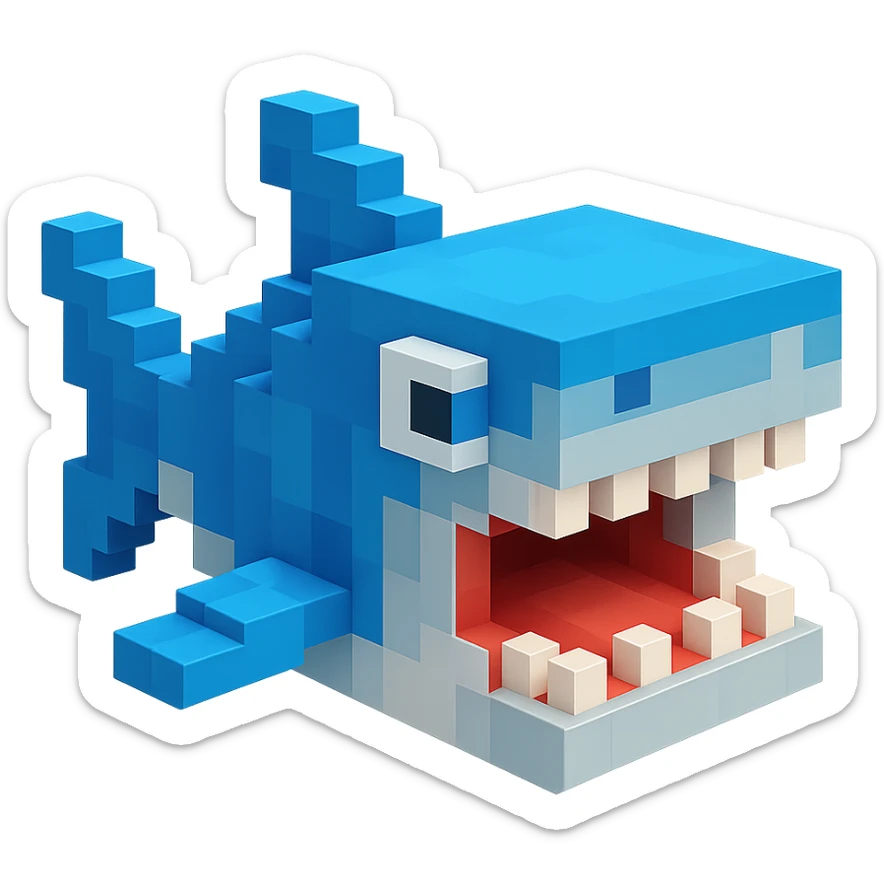 voxel style shark, open mouth, blocky, blue and silver, no background sticker