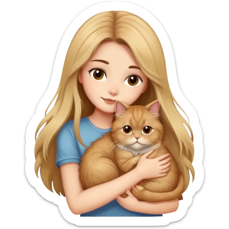 pretty girl with long brown hair, hugging her fluffy blonde persian cat sticker