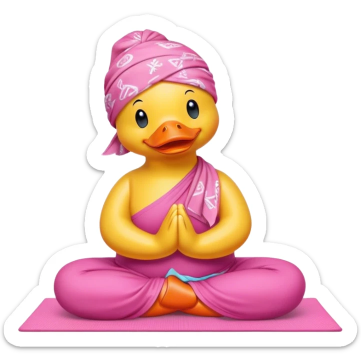 side view of yellow rubber duck with a pink bandana doing yoga while praying sticker