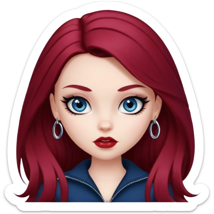 pale skin, girly bratz baddie, beautiful dark blue eyes, sharp black eyeliner, long dark red hair sticker