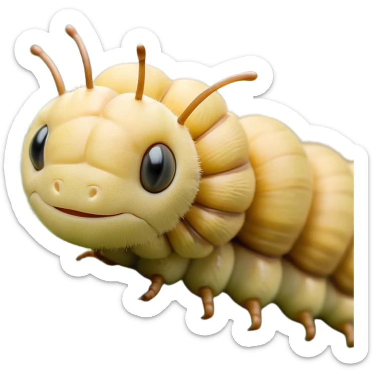 Beautiful and Majestic Caterpillar Portrait Emoji, Head and body rendered in serene repose with a gentle, content smile, showcasing a delicately segmented form with softly textured hues and eyes peacefully closed in tranquil slumber, Simplified yet exquisitely endearing features, highly detailed, glowing with a soft, drowsy natural light, high shine, relaxed and utterly noble, stylized with an air of graceful metamorphosis, soft glowing outline, capturing the essence of a beautiful and majestic caterpillar that embodies the quiet promise of transformation! sticker