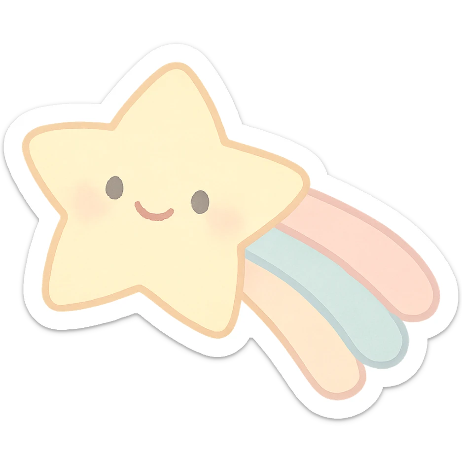 kawaii soft yellow shooting star with smiling face and pastel trail, no arms, no legs, full body, soft pastel kawaii style, transparent background sticker