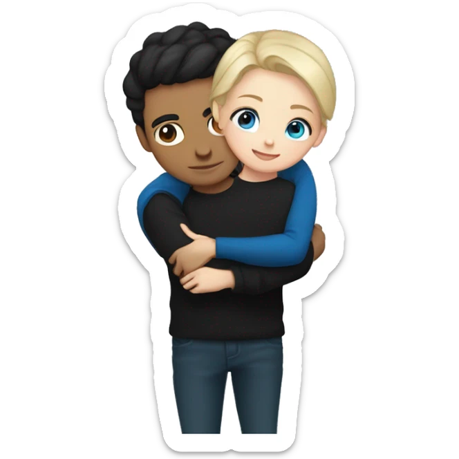 dark Blonde girl with blue eyes in black sweater and an east asian with light skin man with black hair and black eyes hugging sticker