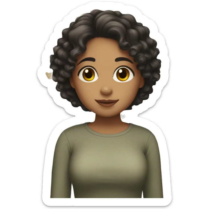 Curly girl with short dark hair and green eyes with corgi sticker