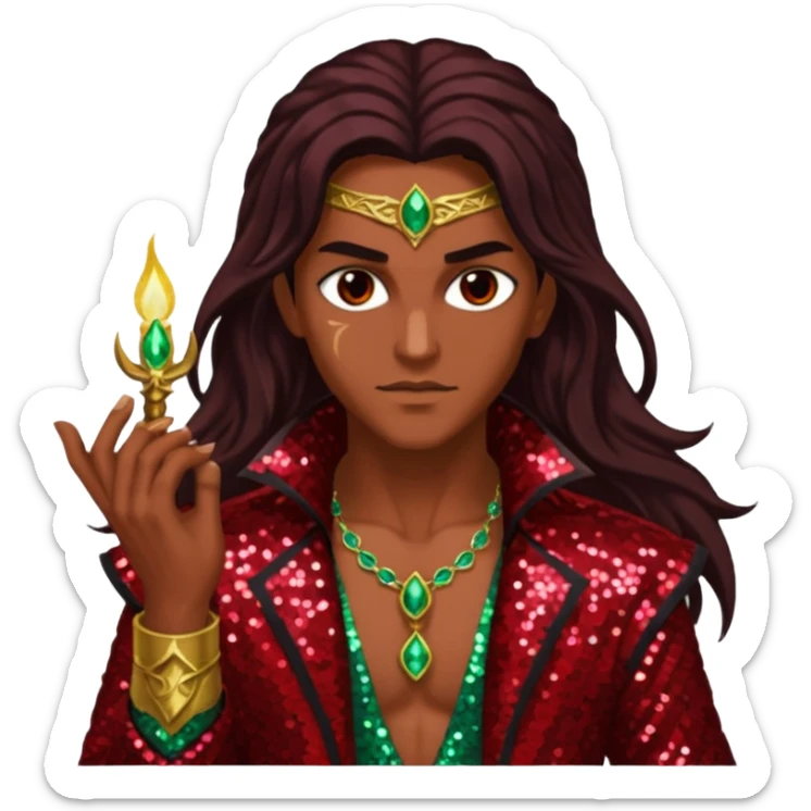 Samael, Poison of God from Gods and Goddesses with tan skin, long dark brown hair, dark red sequin outfit sticker