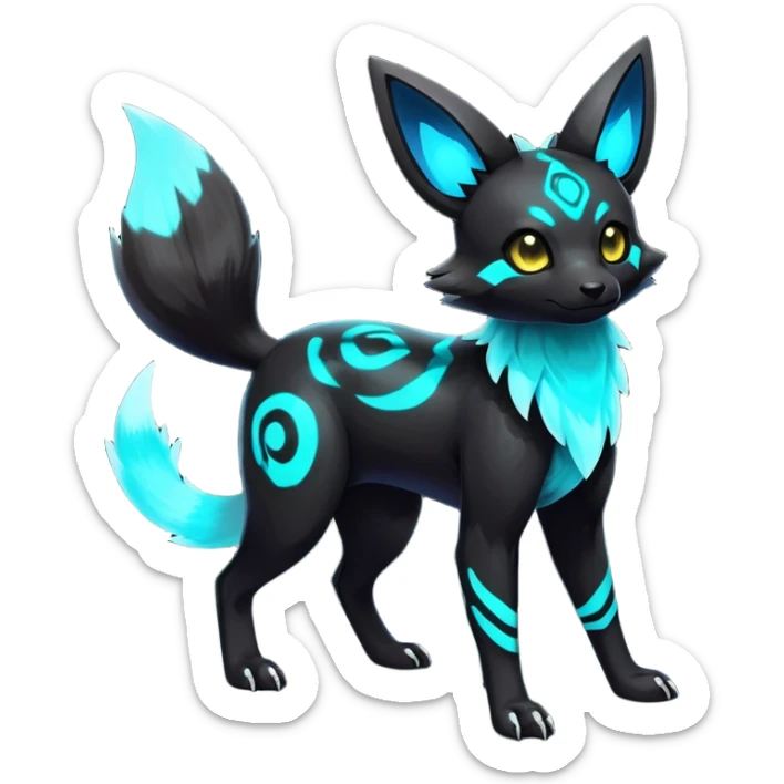 Rare realistic dark-neon glowing bioluminescent edgy badass epic pretty beautiful handsome gorgeous aesthetic colorful vibrant Vernid-Trico-Umbreon-hybrid-species-Fakemon-creature by LiLaiRa, 4 legs, 1 tail, random markings, (full body) sticker