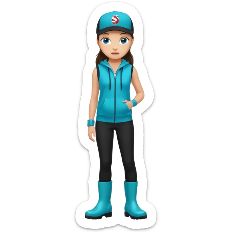 A landscaper in a beautiful turquoise hoody and turquoise rubber boots, black pants, and a black sleeveless shirt. On her head is a black color Swissotel baseball cap. The girl is a brunette with blue eyes. sticker