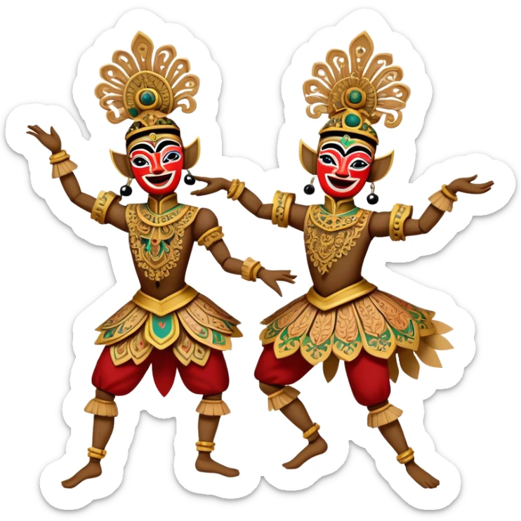 ​Cinematic Realistic Wayang Golek Ayun-ayun Dancers, depicted as intricately carved traditional wooden puppets in dynamic dance poses, adorned with vibrant painted details and expressive features, set against a softly lit stage that evokes centuries of Indonesian cultural heritage, rendered with lifelike textures and dramatic atmospheric lighting, sticker