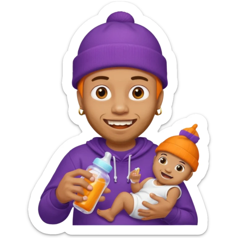 guy with orange beanie with gold teeth grillz holging a baby bottle with purple liquid sticker