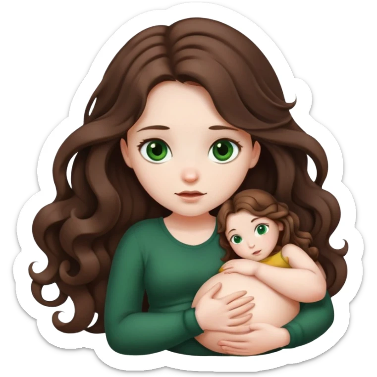 Girl with curled brown long length hair and very dark green eyes with belly ache sticker