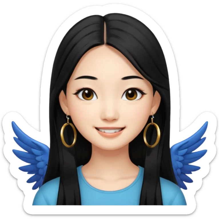 A Asian girl with fare skin and hoop earrings, long straight black hair with black eyes, smiling with a open wings eyeliner sticker