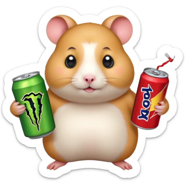 Funny cartoon-style fat hamster with big wide eyes  holding a can of monster energy in one hand and redbull in the other hand sticker