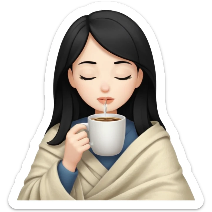 Pale girl with black hair inside a blanket sipping coffee eyes closed sticker