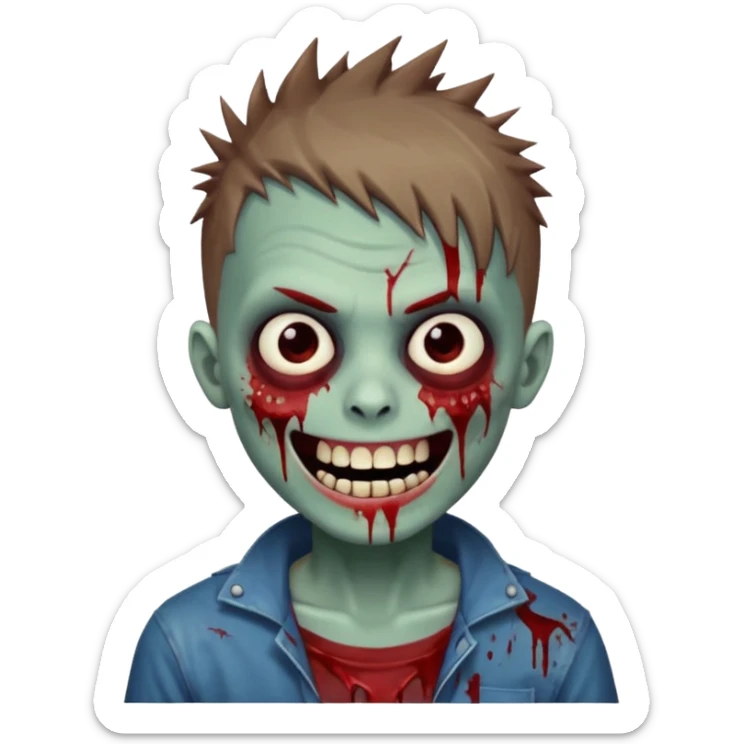 zombie boy with brown short spiky hair, white skin, and white eyes; an open smile, and bloodied teeth; sticker