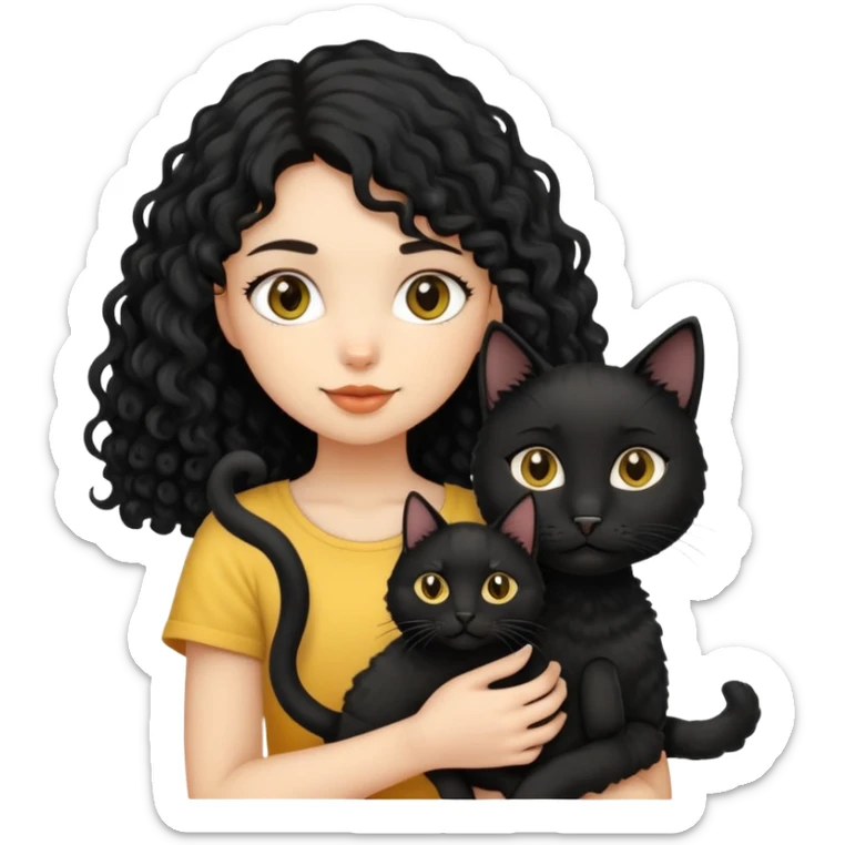 A black long-haired girl holding a black cat, a yellow short-haired cat and a curly-haired dog sticker