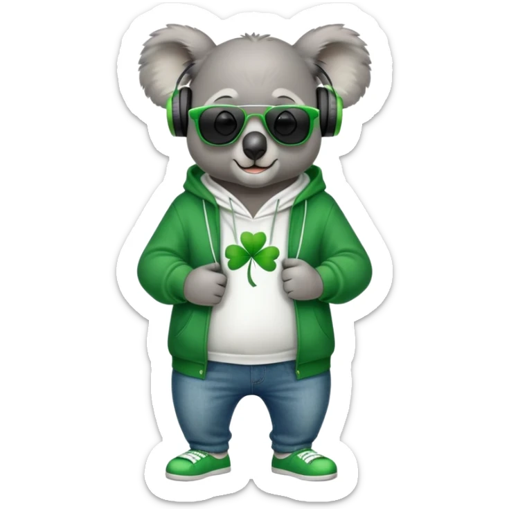 anthropomorphised koala, full body, wearing a hoodie and jeans, dark sunglasses, headphones, dressed for St. Patrick's Day, different pose sticker