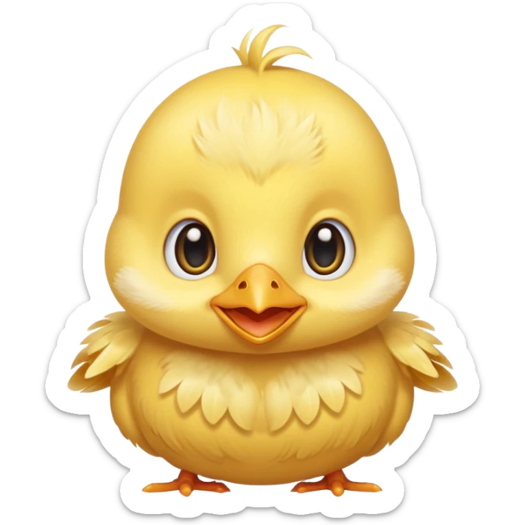 Cute baby chick named Lex, smiling with big shiny eyes, soft yellow feathers, round head, very adorable emoji style sticker