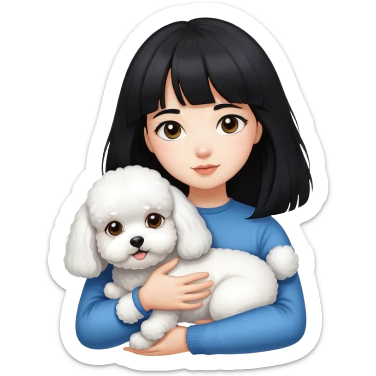 A beautiful girl with long black hair and bangs hugs a Bichon Frise tightly sticker