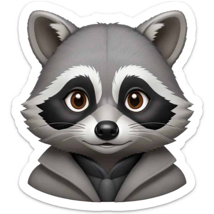 Cinematic-Noble-Raccoon-Portrait-Emoji – Poised and confident, with a sturdy build and a beautifully textured coat of silver-grey accented by dark black facial markings, deep-set, intelligent brown eyes, simplified yet sharp and sophisticated. sticker