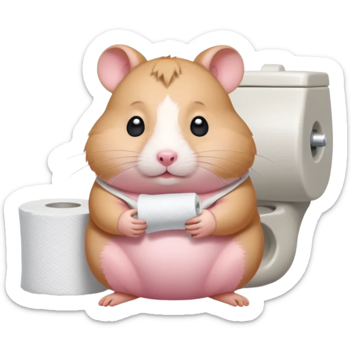 Cute chubby cartoon-style hamster sitting on toilet holding toilet paper looking as if he had an accident, sticker-style illustration sticker