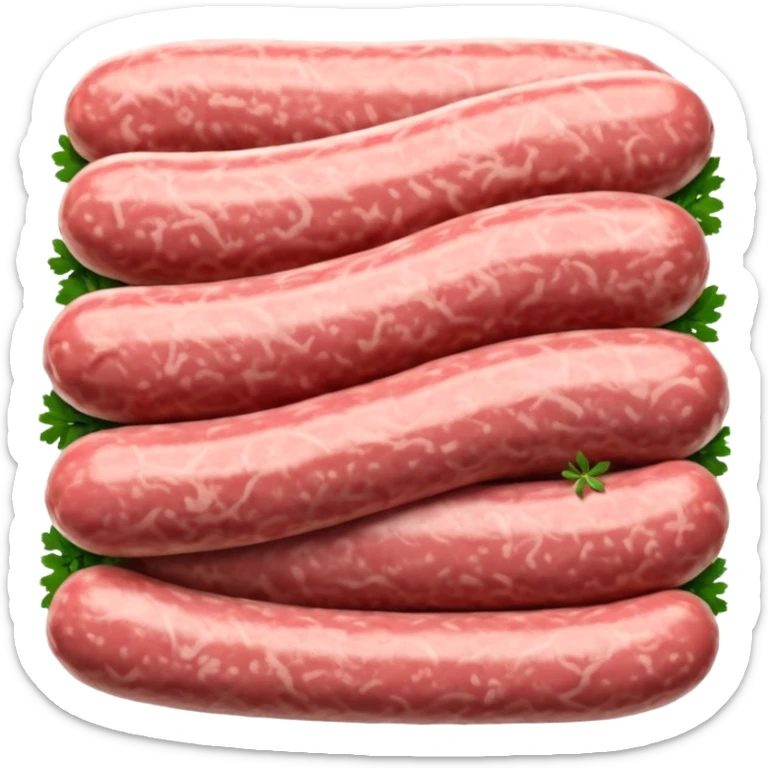 raw sausage meat, loose mound of pinkish-red ground pork with visible white fat flecks and subtle herbs, irregular moist texture, rustic, clean 3D look, soft lighting, no faces sticker