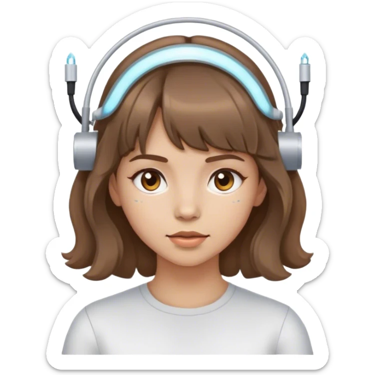 girl with light skin tone wavy brown hair and bangs wearing electrodes on her head  sticker
