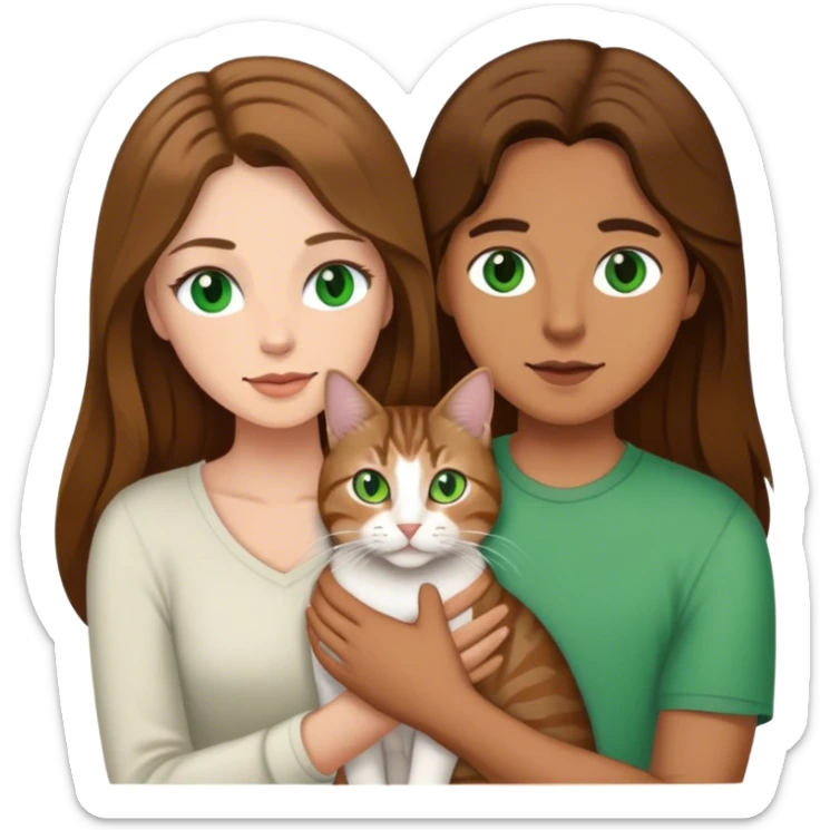 white couple with brown hair, woman has long hair and green eyes .they’re holding a tabby cat  sticker