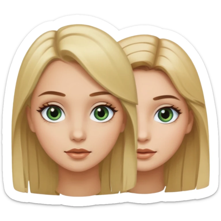 2 girls, blonde hair and brown hair, eye-color blue-green, brown eyes and make up sticker