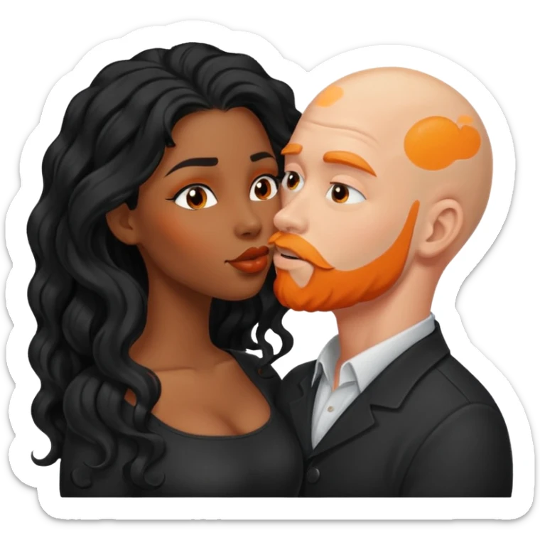 ebony black women with long black wavy hair kissing bald white man. White man has orange facial hair sticker