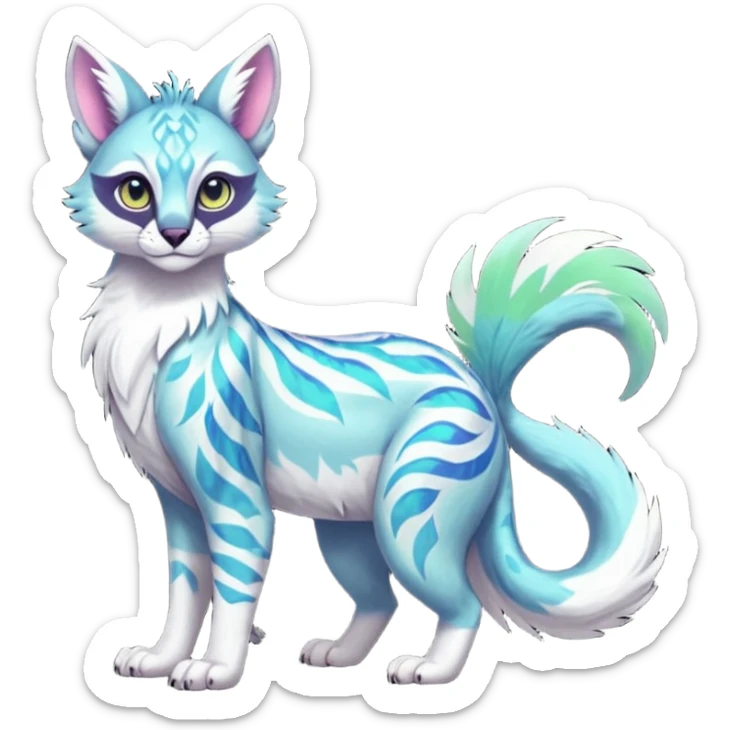 Colorful dark tropical feathery tribal pale light fruity pastel white glorious iridescent divine exotic cute cool beautiful beautiful fantasy-caracal-civet-genet-sergal-vernid-Gryphon-Cacomistle-Trico-oncilla-animal-Fakémon-hybrid-fursona (full body) sticker