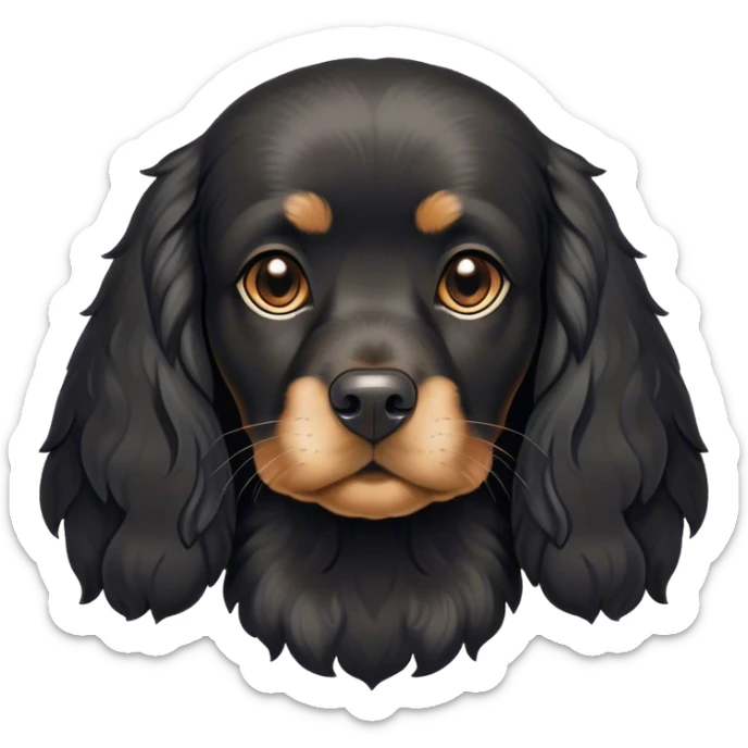 Cinematic Noble Black Cocker Spaniel Portrait Emoji, Poised and regal, with a sturdy build and a sleek, shiny black coat accented by subtle tan markings, deep-set soulful dark eyes, Simplified yet sharp and sophisticated features, highly detailed, glowing with a soft, dignified glow, high shine, intelligent and alert, stylized with an air of refinement, focused and attentive, soft glowing outline, capturing the essence of a watchful and confident companion, so majestic it feels as though it could trot out of the screen with effortless authority! sticker
