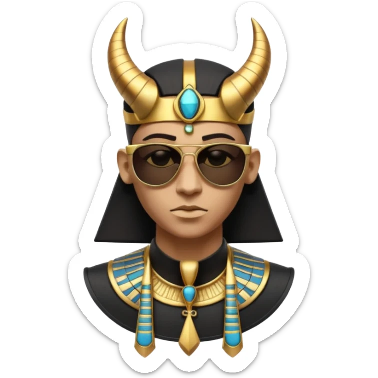 3D cartoon horned character portrait, wearing sunglasses, gothic ancient Egyptian style, pharaoh collar, dark gold and black outfit, ankh symbols, Egyptian jewelry, mysterious expression, soft dramatic lighting, centered, clean background, no text, no watermark sticker