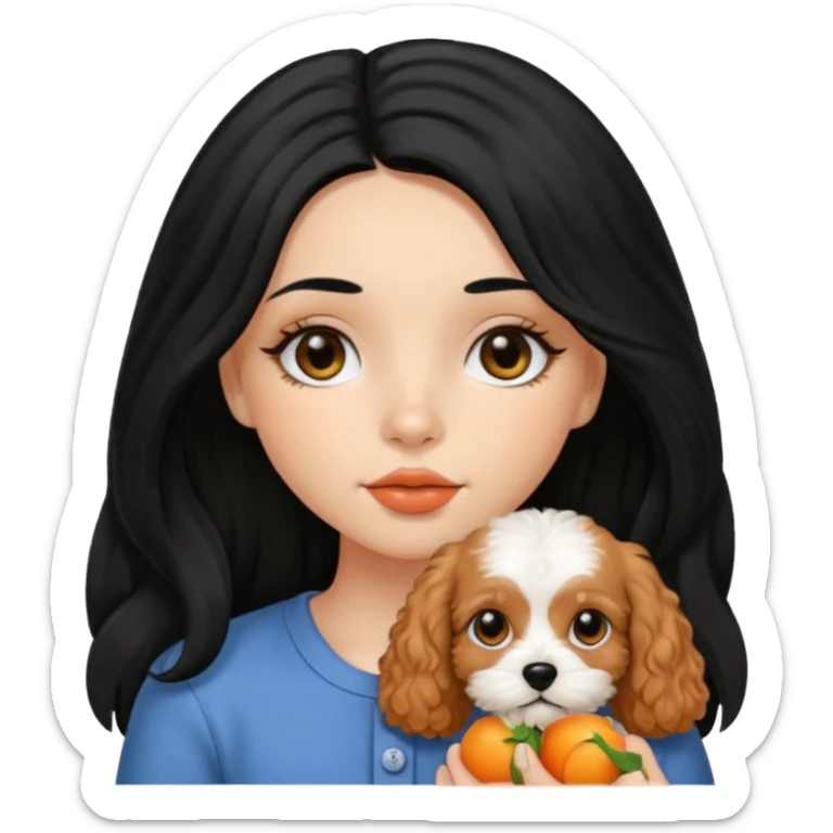 Italian girl long straight black hair black eyes button nose full lips holding apricot Cavapoo dog sticker