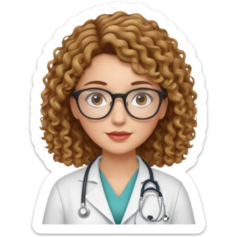 doctor woman with brown  curly hair with blonde highlights, she has glasses sticker