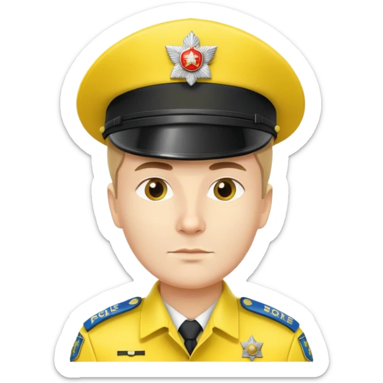 Russian police officer with bright yellow hat and yellow uniform, standing at attention sticker