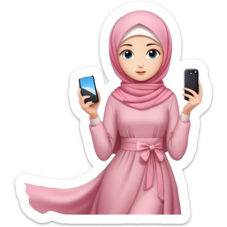 Turkish beautiful finish Konya girls blue eyes with lovely cherry blossom hijab long tail dress and she takes photo from sky sticker