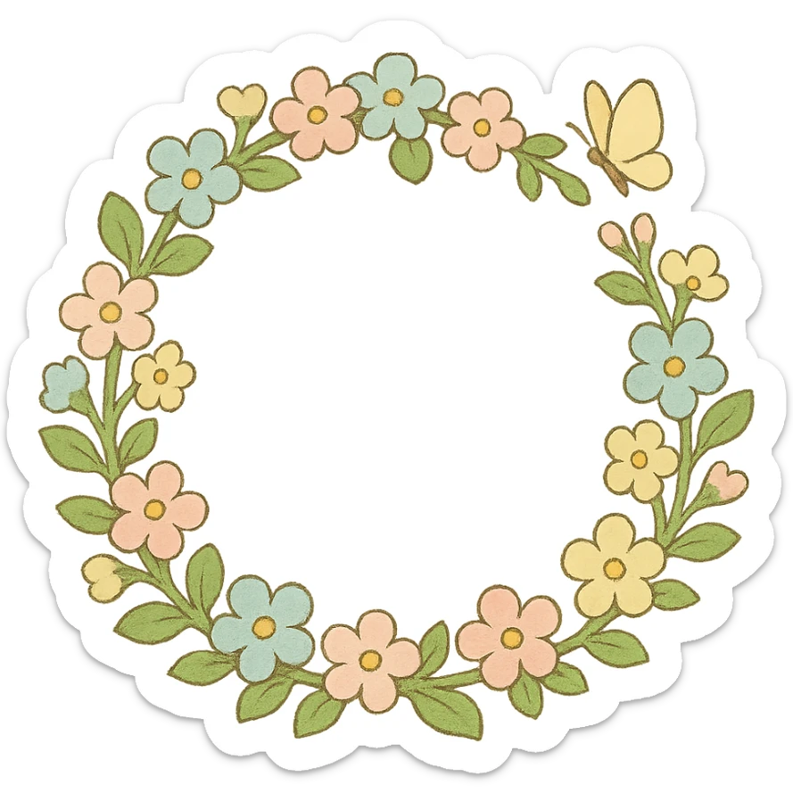 a floral wreath made of small pastel flowers with a tiny butterfly, Japanese hand-drawn, full object, transparent background sticker