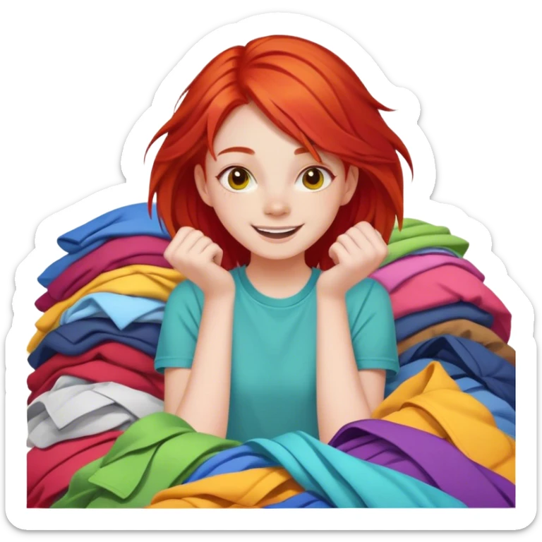 cheerful teen girl with red hair and pile of clothes sticker