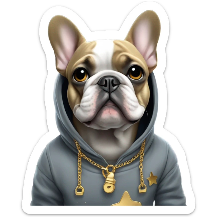 french bulldog in space wearing a gray hoodie and gold chain sticker
