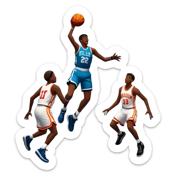 An icon featuring a basketball court with players in action, inspired by NBA 2K25. A player jumps for a dunk, with the ball mid-air. Bright lights illuminate the court, symbolizing the excitement of sports simulation games. Transparent background emphasizes the energy. sticker