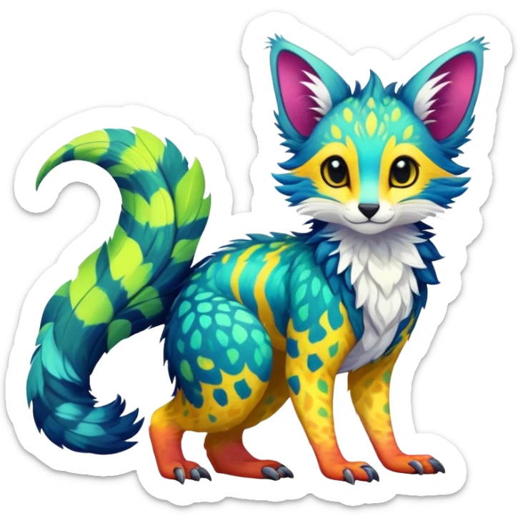 Feral Rare Fantasy vibrant tropical Vernid-Trico-species by LiLaiRa, random markings, tufted tail, tufted ears, full body sticker