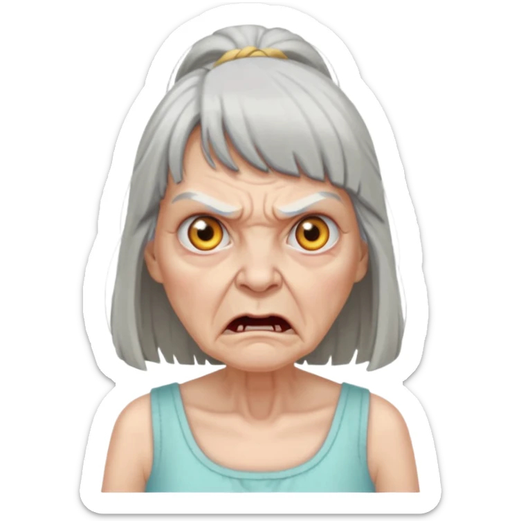Angry old woman with long gray hair and bangs and scary eyes in a sundress sticker